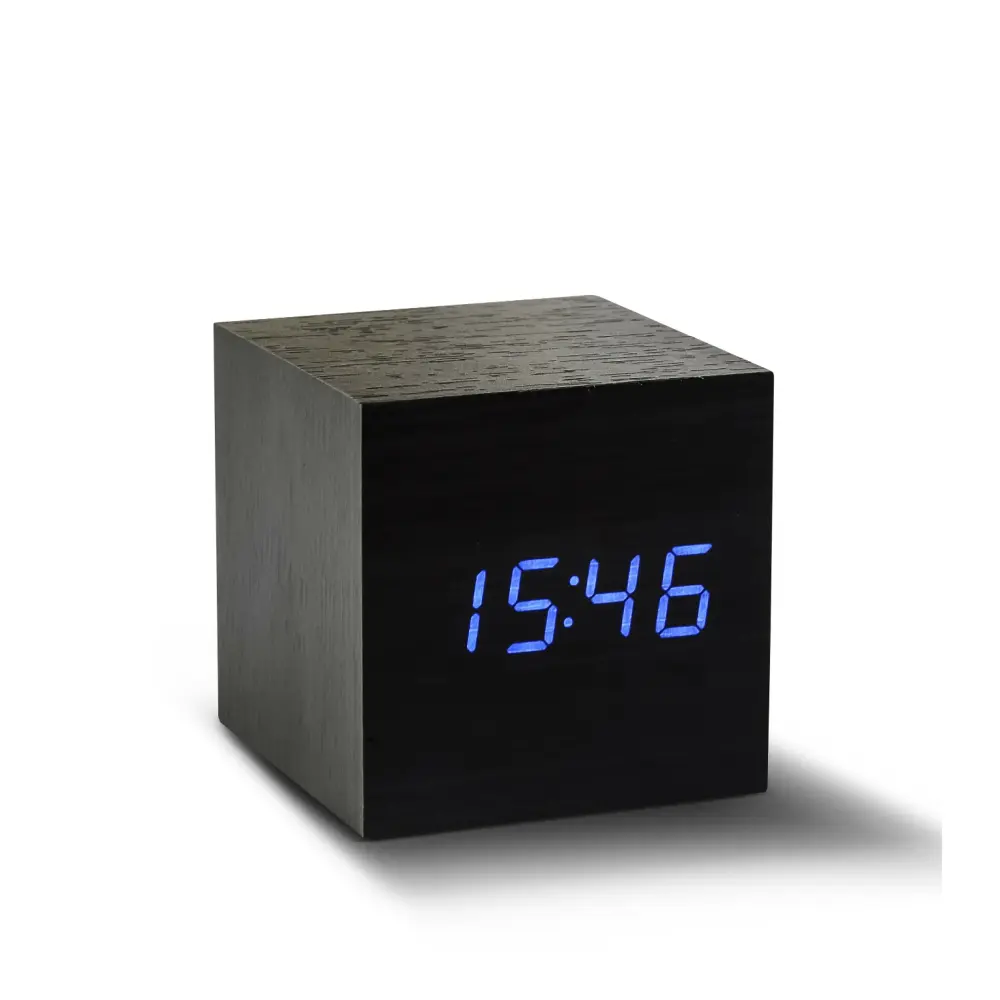 Budzik Wooden Cube Click Czarny / Niebieski LED