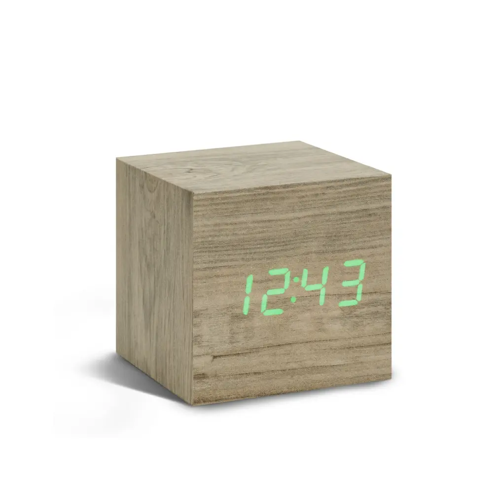 Budzik Wooden Cube Click Szary / Zielony LED