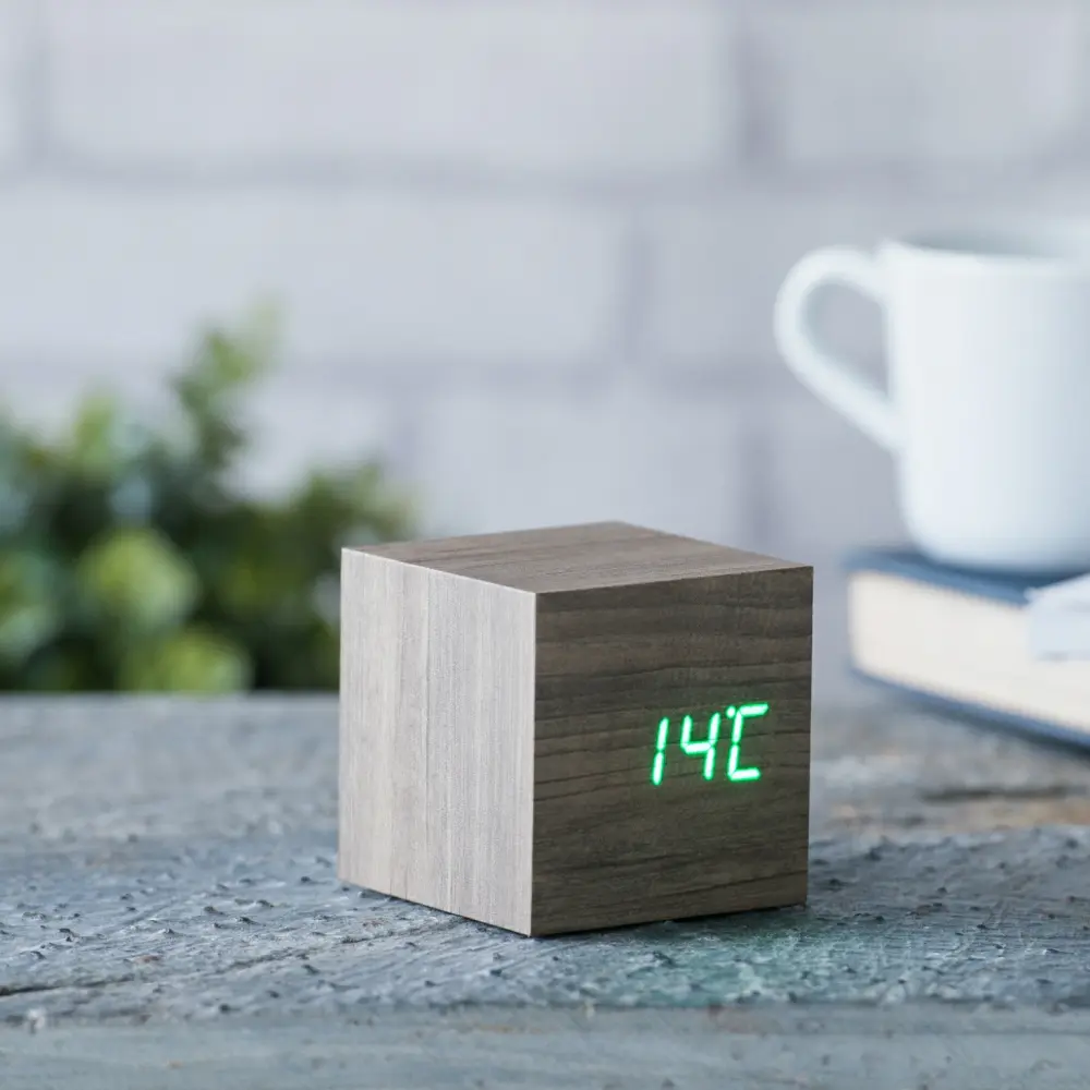 Budzik Wooden Cube Click Szary / Zielony LED - obrazek 3